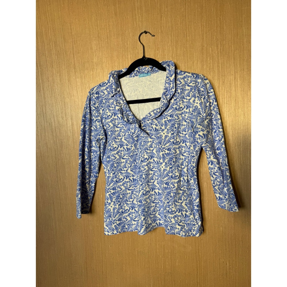 J.McLaughlin Catalina Cloth Top Womens Small Blue White Floral Ruffle 3/4 Sleeve